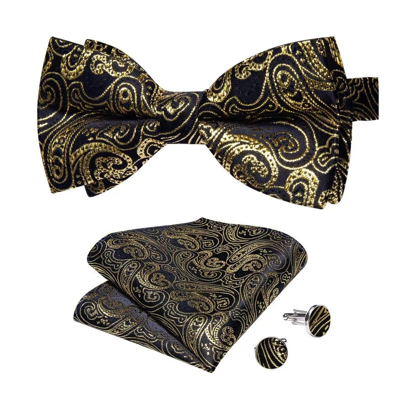 DiBanGu Black Gold Paisley Bow Tie for Men Adjustable Pretied Bow Tie Handkerchief Cufflinks - Image 1